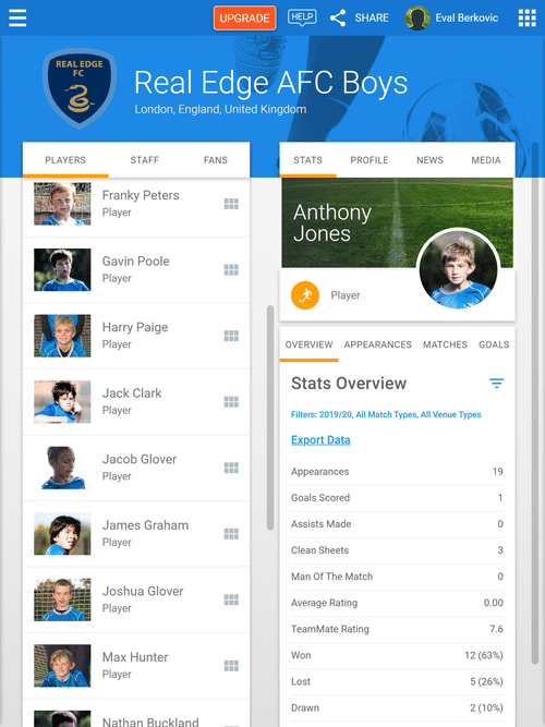 TeamStats screenshot - team home on iPad