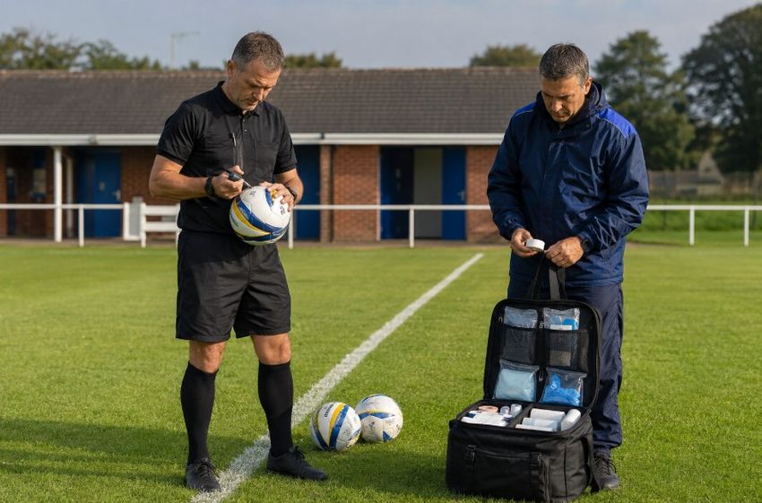 Men doing grassroots football matchday jobs