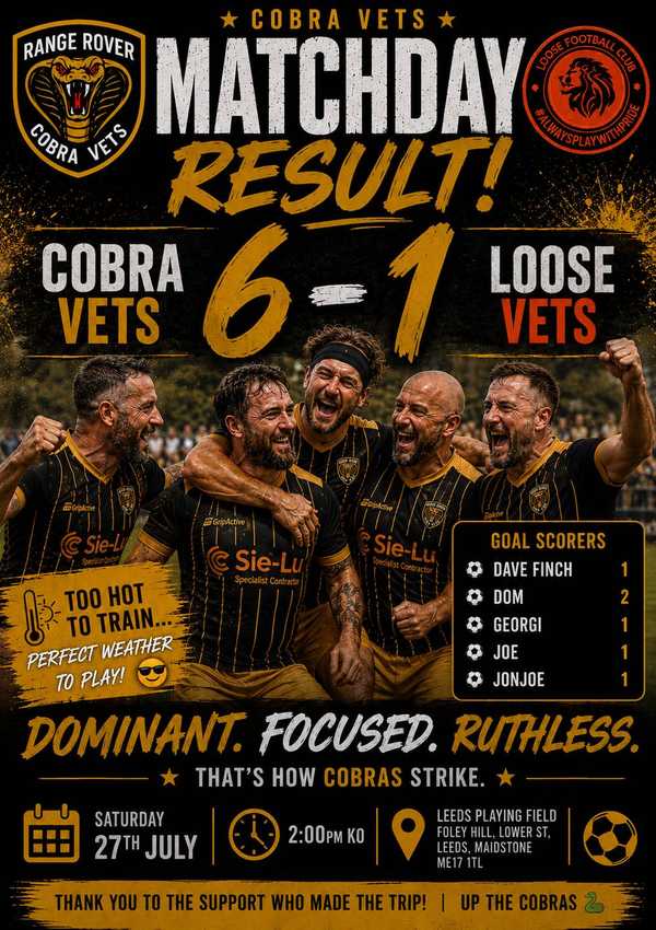 Range Rover Cobra Vets Storm to 6-1 Victory at Leeds Playing Field